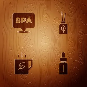 Set Essential oil bottle, Spa salon, Cup of tea and leaf and Aroma diffuser on Illustrazione stock