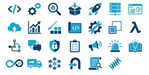A set of essential vector icons covering the full software development life.. Stock Illustration