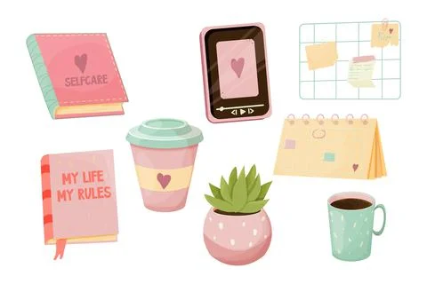 Set essentials self care elements for study, rest, mental health in pink pastel Stock Illustration