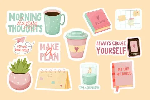Set essentials self care stickers for study, rest, mental health in pink pastel Illustrazione stock