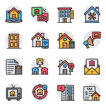 Set of Estate and Analytics Flat Icons Stock Illustration