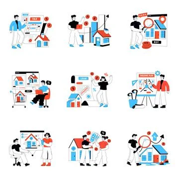 Set of Estate and Property Flat Illustrations Stock Illustration