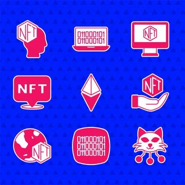 Set Ethereum ETH, Binary code, NFT Digital crypto art, Monitor with store app Stockillustratie