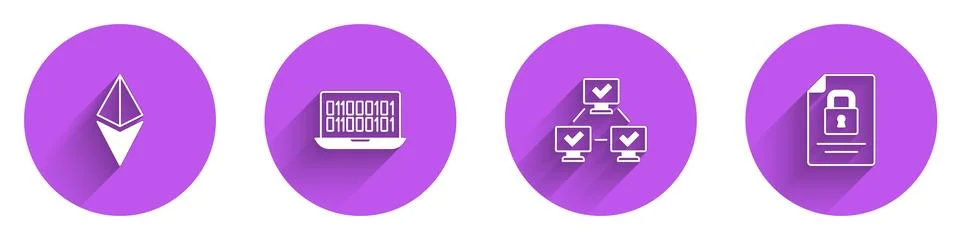 Set Ethereum ETH, Binary code, NFT blockchain technology and Document and icon Stock Illustration