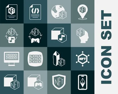 Set Ethereum ETH, NFT blockchain technology, Digital crypto art, contract and Illustration