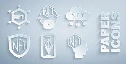 Set Ethereum ETH, NFT cloud, shield, Digital crypto art,  and blockchain te.. Stock Illustration