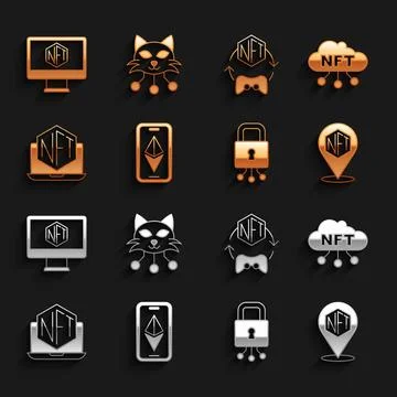 Set Ethereum ETH, NFT cloud, Digital crypto art, Cyber security, Laptop wit.. Ilustración de archivo