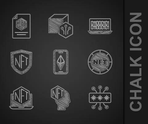 Set Ethereum ETH, NFT Digital crypto art, Cyber security, Laptop with store app Illustration