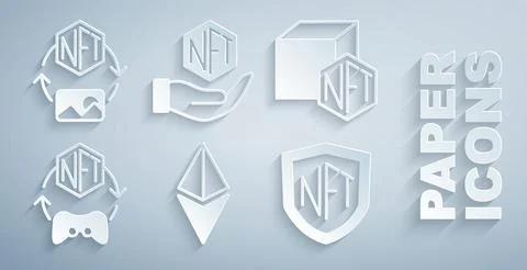 Set Ethereum ETH, NFT Digital crypto art, shield,  and  icon. Vector Stock Illustration