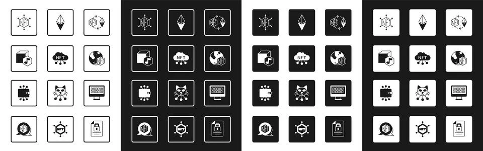 Set Ethereum exchange NFT, cloud, Digital crypto art, blockchain technology.. Ilustração Stock