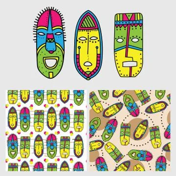 Set of ethnic colorful seamless patterns with tribal african masks. Stock Illustration