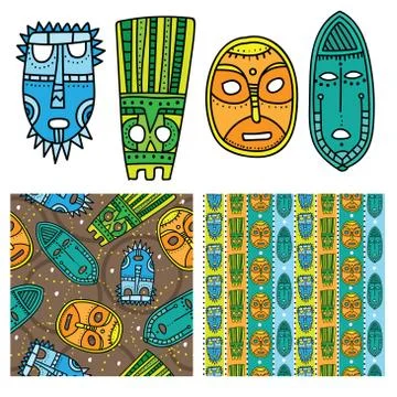 Set of ethnic seamless patterns with tribal african masks. Stock Illustration
