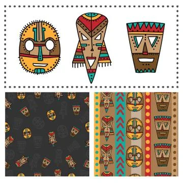 Set of ethnic seamless patterns with tribal african masks. Stock Illustration