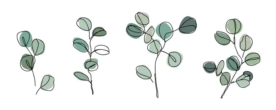 Set of Eucalyptus branches in modern single line art style. Continuous line Stock Illustration