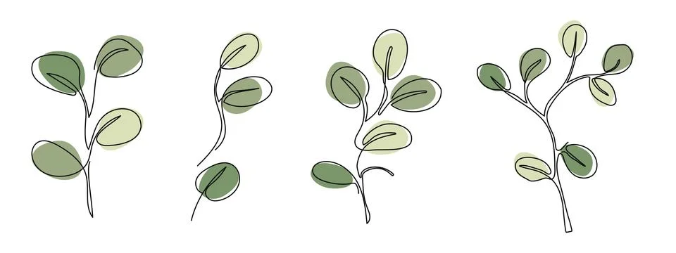 Set of Eucalyptus branches in modern single line art style. Continuous line.. Stock Illustration