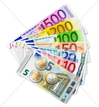 Set of Euro banknotes and coins Stock Photos