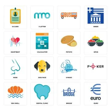 Set of euro, bridge, sea shell, s music, nose, potato, heartbeat, , id card i Free Stock Illustration