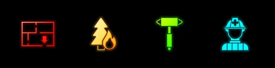 Set Evacuation plan, Burning forest tree, Firefighter axe and icon. Vector Stock Illustration