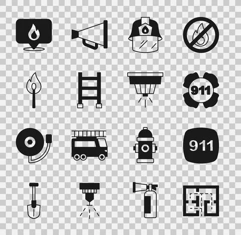 Set Evacuation plan, Emergency call 911, Firefighter helmet, escape, Burning Illustration