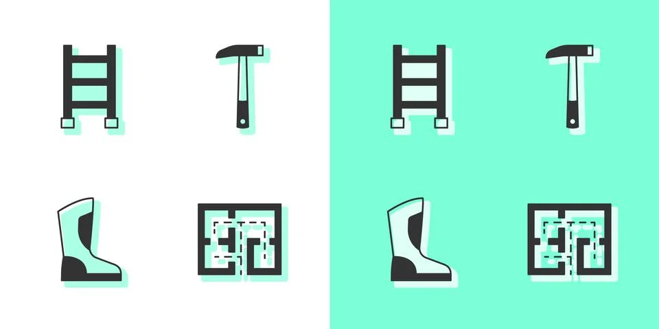 Set Evacuation plan, Fire escape, boots and Firefighter axe icon. Vector Ilustración de archivo