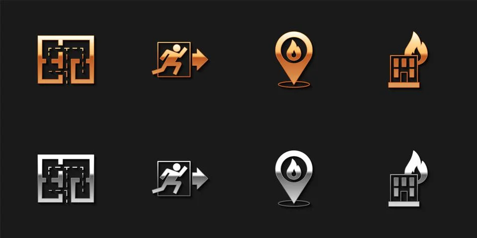 Set Evacuation plan, Fire exit, Location with fire flame and in burning building Ilustración de archivo