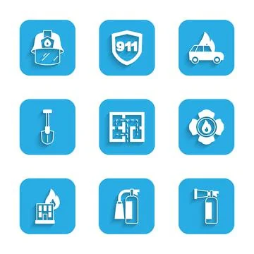Set Evacuation plan, Fire extinguisher, Firefighter, burning building, shovel Ilustración de archivo