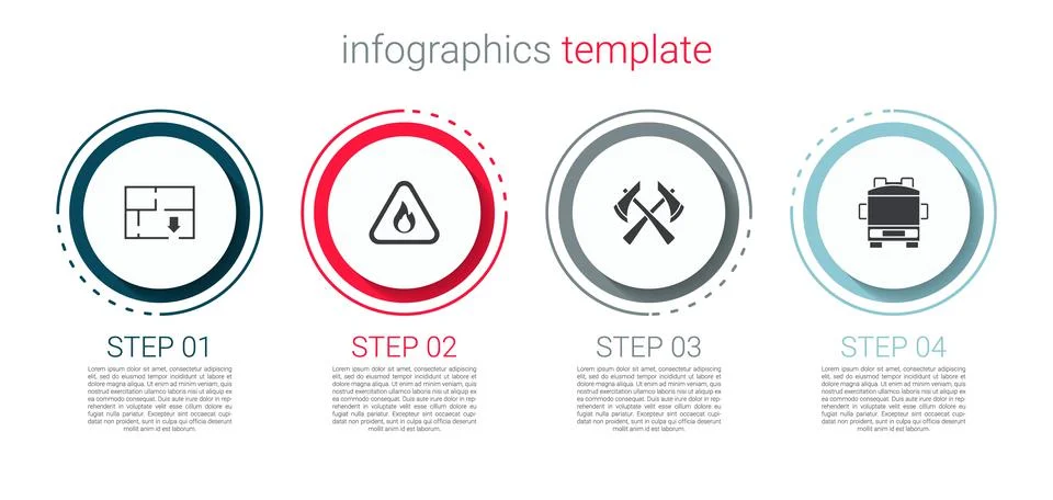 Set Evacuation plan, Fire flame in triangle, Firefighter axe and truck. Business Illustration