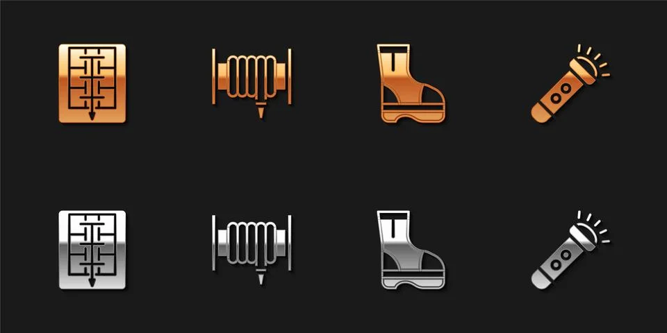Set Evacuation plan, Fire hose reel, boots and Flashlight icon. Vector Stock Illustration