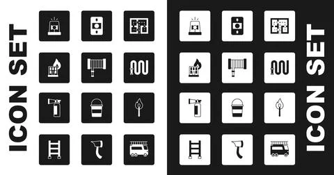 Set Evacuation plan, Fire hose reel, in burning building, Flasher siren, alar Ilustración de archivo