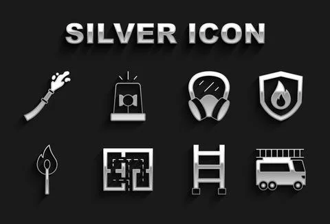 Set Evacuation plan, Fire protection shield, truck, escape, Burning match with Ilustración de archivo