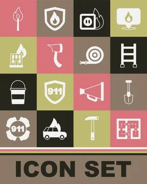 Set Evacuation plan, Fire shovel, escape, Electric wiring of socket in fire Stock Illustration