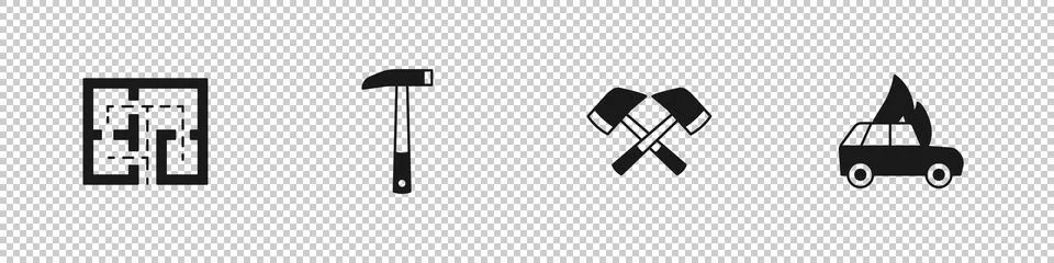Set Evacuation plan, Firefighter axe, and Burning car icon. Vector イラスト素材