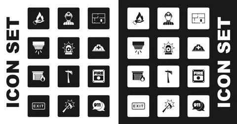 Set Evacuation plan, Flasher siren, Smoke alarm system, Hand holding fire, Fi Ilustración de archivo
