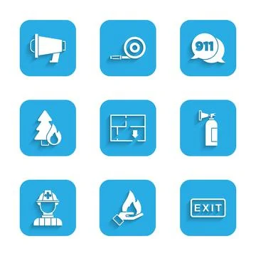 Set Evacuation plan, Hand holding fire, Fire exit, extinguisher, Firefighter Stock Illustration