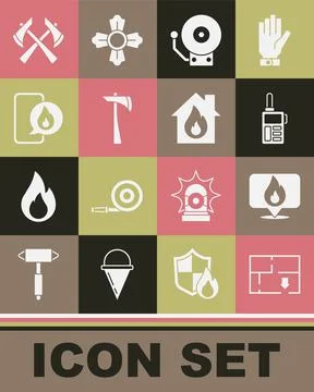 Set Evacuation plan, Location with fire flame, Walkie talkie, Ringing alarm bell Illustration