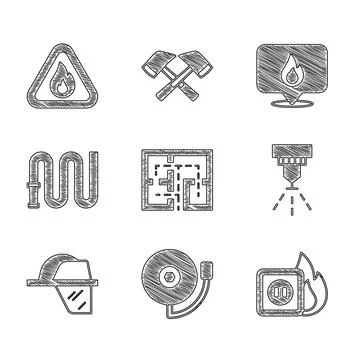 Set Evacuation plan, Ringing alarm bell, Electric wiring of socket fire, Fire Stock Illustration