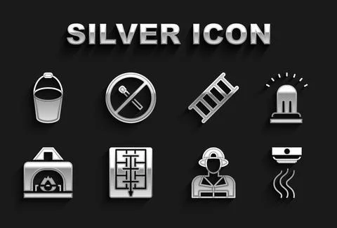 Set Evacuation plan, Ringing alarm bell, Smoke system, Firefighter, Interio.. Ilustración de archivo