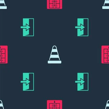 Set Evacuation plan, Traffic cone and Fire exit on seamless pattern. Vector 库存插图