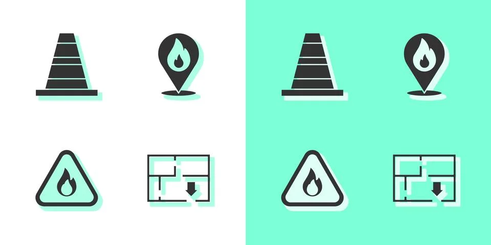 Set Evacuation plan, Traffic cone, Fire flame in triangle and Location with fire Stock Illustration
