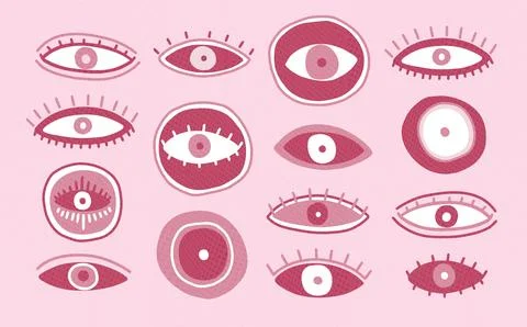 Set of evil eye elements in a primitive style art. Drawn in a sloppy crooked Stock Illustration