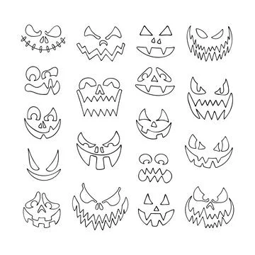 Set of evil faces outline. Halloween Jack. Scary smile of devil. Hand drawn.. Stock Illustration