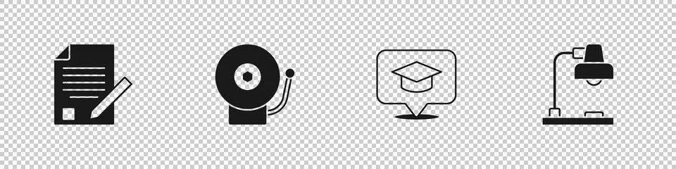 Set Exam sheet and pencil, Ringing alarm bell, Graduation cap speech bubble.. Stock Illustration