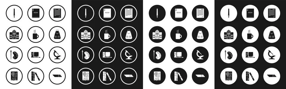 Set Exam sheet with check mark, Coffee cup, School building, Pen, backpack Ilustración de archivo