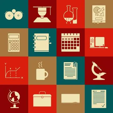 Set Exam sheet with check mark, Microscope, Computer monitor keyboard and mouse Illustrazione stock