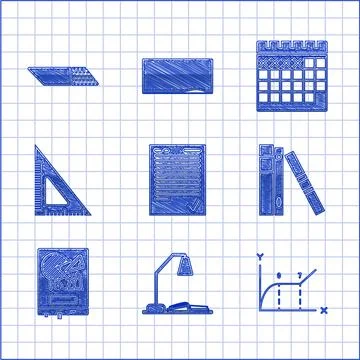 Set Exam sheet with check mark, Workplace table lamp and open book, Pie chart イラスト素材