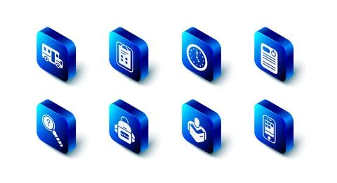 Set Exam sheet with check mark, Clock, Dossier folder, Smartphone, Man reading Stock Illustration