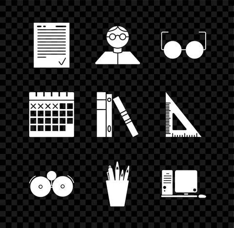 Set Exam sheet with check mark, Student, Glasses, Ringing alarm bell, Pencil Stock Illustration