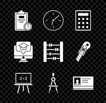 Set Exam sheet with clock, Clock, Calculator, Chalkboard, Drawing compass, .. Illustrazione stock