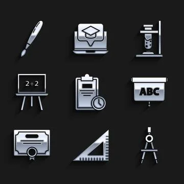 Set Exam sheet with clock, Triangular ruler, Drawing compass, Chalkboard Ilustración de archivo