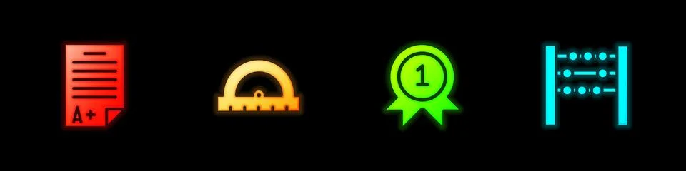 Set Exam sheet with A plus grade, Protractor, Medal and Abacus icon. Vector Stock Illustration